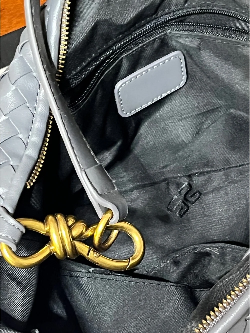 Chic Gray Woven Leather Shoulder Bag with Gold Hardware
